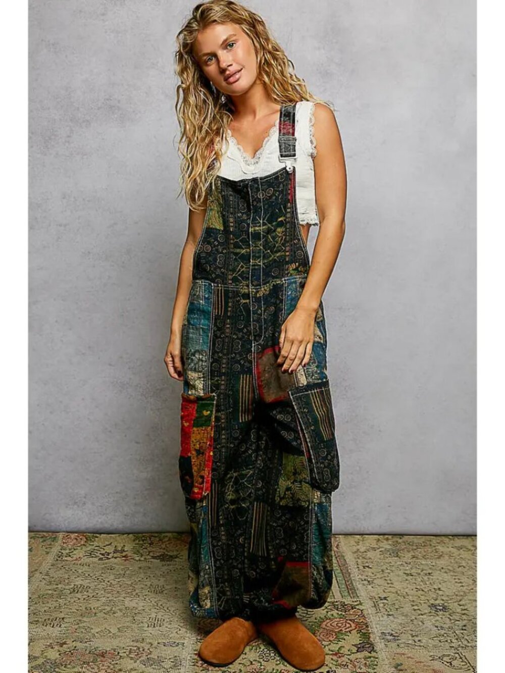POL Clothing Boho Exaggerated Pocket Vintage Print Jogger Fit Overalls NEW